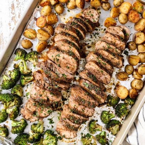 Roasted Balsamic Pork Tenderloin - Carlsbad Cravings Pan Veggies, Sheet Pan Pork Tenderloin, Balsamic Pork Tenderloin, Leftover Pork Tenderloin, Sheet Pan Pork, Balsamic Pork Tenderloins, Bbq Chicken Pasta, Baked Pork Tenderloin, Cooking Pork Tenderloin