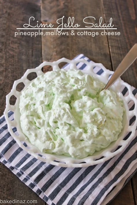 Lime Jello Salad - pineapple, marshmallows & cottage cheese mixed with cool whip! SO good. Add it to any dinner menu for a special treat. #jello #salad Elvis Recipes, 7 Up Salad, Lime Jello Salad, Sweet Cream Pie, Jello With Cool Whip, Sweet Salads, Lime Jello Salads, Cottage Cheese Salad, Jello Desserts