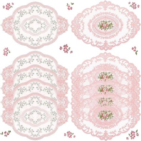 Amazon.com: Mixweer 10 Pcs Lace Doilies for Tables Embroidered Lace Placemats Vintage Crochet Doilies 12'' x 16'' Exquisite Retro Victorian Table Mat for Wedding Cup Vase Table Decor(Pink) : Home & Kitchen Table Decor Tea Party, Tea Party Decorations Table, Vintage Placemats, Vase Table Decor, Oval Placemats, Lace Placemats, Crochet Lace Doily, Victorian Table, Pink Xmas