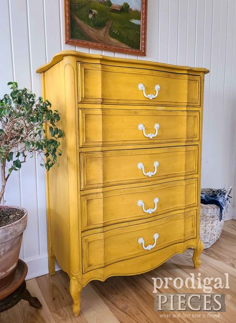 Vintage Mustard Yellow Chest of Drawers | Updated French Provincial by Larissa of Prodigal Pieces | prodigapieces.com #prodigalpieces #furniture #diy Mustard Yellow Painted Furniture, Mustard Dresser Painted Furniture, Mustard Yellow Dresser, Mustard Yellow Dresser Painted Furniture, Distressed Furniture Yellow, Yellow Dresser, Yellow Chest Of Drawers, French Provincial Chest Of Drawers, Chest Of Drawers Makeover