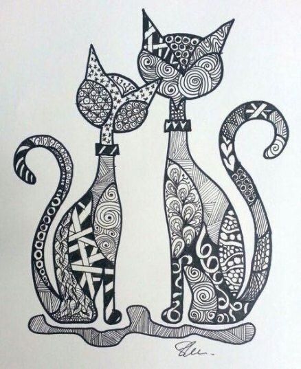 Zentangle Drawing, Zentangle Animals, Zen Doodle Patterns, Zentangle Artwork, 2 Cats, Doodle Art Drawing, Mandala Art Lesson, Tangle Art, Zentangle Drawings