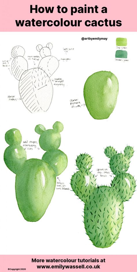 Paint A Cactus, Christmas Cards Watercolor, Christmas Cards Ideas, Cactus Paintings, Cards Watercolor, Watercolor Flowers Tutorial, Watercolor Beginner, Cactus Painting, Watercolor Paintings For Beginners