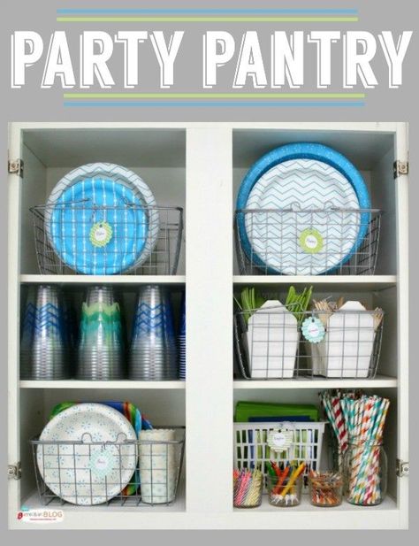 Party Pantry for Party Supplies | http://TodaysCreativeBlog.net Party Pantry, Dry Pantry, Party Supply Organization, Popcorn Station, Scrapbooking Room, Guest Room Essentials, Closet Organized, Organizing Linens, Classroom Helpers