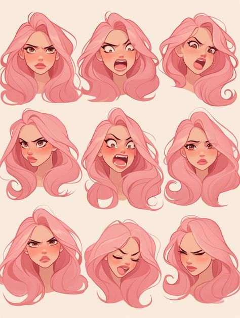 Sassy Face Expression Drawing, Womens Hair Drawing Reference, Manga Character Reference, Hair Texture Drawing Reference, How To Draw Animation Character Design, Drawing Faces Digital, Side Art Reference, Animated Facial Expressions, Dreamy Face Expression