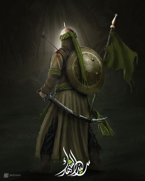 Imam Hussein in Karbala, Ahmed AbuElnaga on ArtStation at https://www.artstation.com/artwork/k4dakK Muharram Pictures, Ali Bin Abi Thalib Art, Karbala Photos, Imam Hussain Karbala, Battle Of Karbala, Ali Bin Abi Thalib, Fesyen Islam, Old Warrior, Karbala Pictures