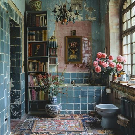 Funky Small Bathroom, Bathroom Interior Design Blue, Bathroom Tapestry, Vintage Blue Tile Bathroom, Toad House, Large Bookcase, Pink Tiles, Dream House Rooms, Blue Bathroom