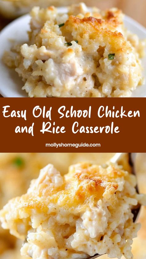 Indulge in the comforting flavors of old school chicken and rice casserole with this classic recipe. This hearty dish is the perfect combination of tender chicken, fluffy rice, savory seasonings, and creamy sauce. Whether you're reminiscing on childhood dinners or looking to add a nostalgic touch to your meal rotation, this casserole will hit the spot. Easy to make and always satisfying, this timeless favorite is sure to become a regular in your family's menu lineup. Allrecipes Mamaw's Chicken And Rice Casserole, Chicken Rice Dishes Easy Dinners, Chicken And Rice Casserole With Minute Rice, Chicken Rice Bake Easy, Campbell's Chicken And Rice Casserole, Simple Chicken And Rice Casserole, Creamy Chicken And Rice Casserole Recipes, Chicken And Rice Casserole Recipes Ritz, Chicken Divan Casserole With Rice