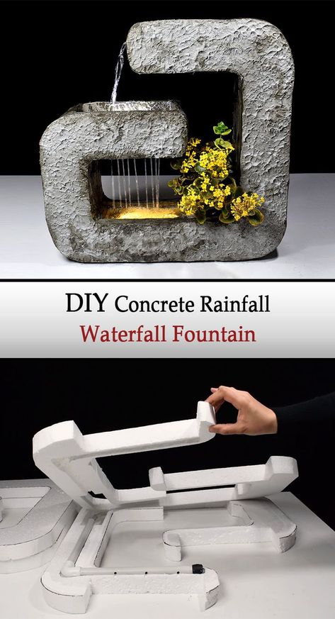 Cement Crafts Diy Easy, Concrete Fountain Diy, Concrete Water Fountain, Homemade Waterfall, Concrete Waterfall, Architecture Origami, Indoor Waterfall Fountain, Garden Concrete, Water Wall Fountain