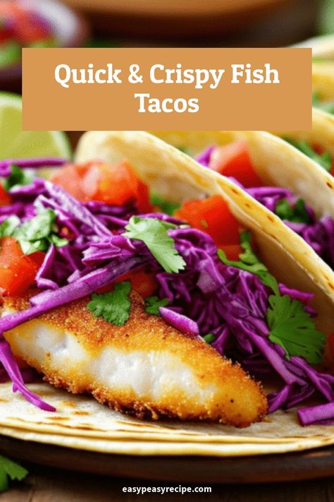 Crispy fish tacos with purple cabbage, tomatoes, and cilantro on a soft tortilla. Crispy Baked Fish Tacos, Baja Fish Tacos Air Fryer, Fish Tacos Air Fryer, Crispy Air Fryer Fish, Air Fryer Fish Tacos, Crispy Fish Tacos, Fried Fish Tacos, Air Fried Fish, Homemade Chicken Tenders