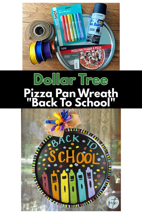 Dollar Tree Pizza Pan Wreath - DIY Back To School wreath | Gathered In The Kitchen #mycolorshot #paintmarkers #dollartreecrafts #backtoschoolwreath #gatheredinthekitchen Back To School Wreaths For Teachers, Dollar Tree Pizza Pan Wreath, Pizza Pan Wreath, Back To School Wreath, Classroom Wreath, Teacher Diy, School Wreaths, Teacher Wreaths, Hoop Wreaths