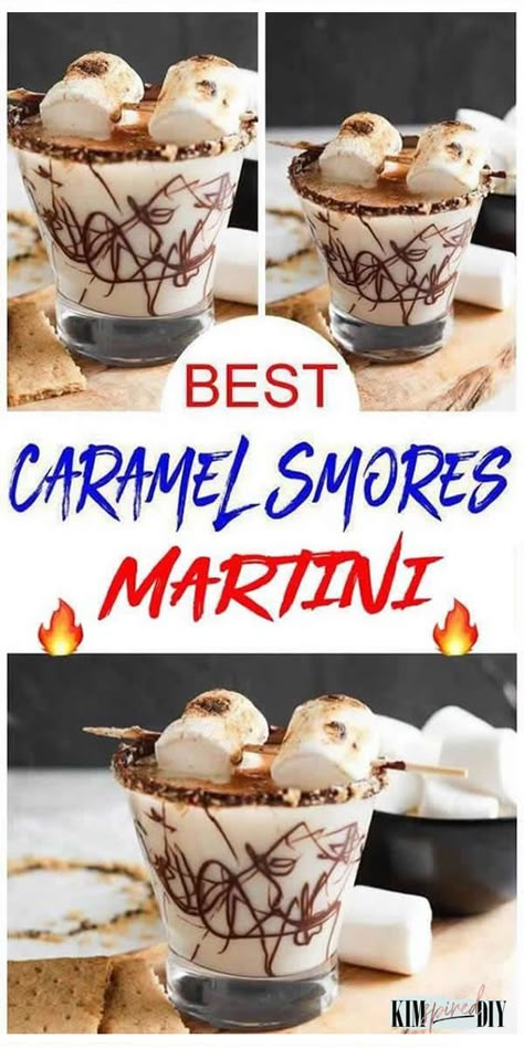 caramel smores martini with vodka alcohol made in a chocolate drizzle, toasted marshmallows & a chocolate graham cracker rimmed glass. Smores Martini, Marshmallow Martini, Caramel Smores, Theme Drinks, Drink Vodka, Easy Smores, Vodka Alcohol, Christmas Drinks Alcohol Recipes, Christmas Drinks Recipes