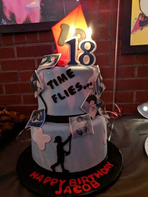 My sons 18th Birthday cake.  Theme "how time flies " 18th Birthday Photoshoot Ideas Boys, 18th Birthday Cake For Guys Men, Birthday Cake For 18th Birthday Boy, 18th Birthday Party Ideas For Boys Theme, Boys 18th Birthday Ideas, Sons 18th Birthday, 18th Birthday Party Ideas For Boys, 18th Birthday Cake Boys, Time Flies Cake