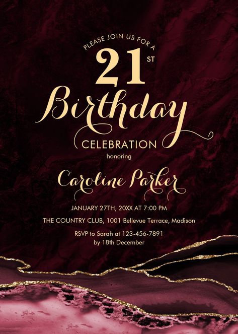 21st birthday invitations burgundy gold agate marble 21st birthday invitation agate 21st birthday party burgundy gold dark red marsala wine feminine geode modern trendy glitter watercolor marble spark bling Wine Party Invitations, Gold Birthday Invitations, Glitter Watercolor, Watercolor Marble, 21st Birthday Invitations, Marsala Wine, Moms Birthday, 50th Birthday Invitations, 21st Birthday Party