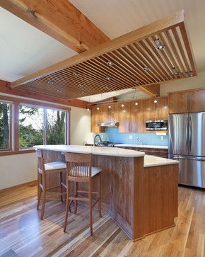 unique lighting ideas for kitchen | Elegant Kitchen Designs Design Ideas, Pictures, Remodel, and Decor Wood Slat Ceiling, Floating Ceiling, Wooden Ceiling Design, Drop Ceiling Lighting, Kitchen Lighting Design, Elegant Kitchen Design, Kitchen Contemporary, Dropped Ceiling, Ceiling Ideas