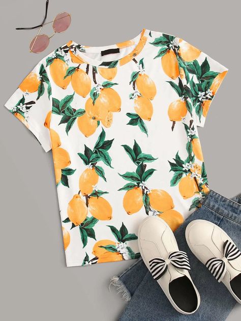 SHEIN Lemon Print Tee | SHEIN USA Lemon Shirt Outfit, Lemon Shirt, Printed Tee Women, Tank Outfit, Casual Summer Tops, Fall Outfits For Work, Lemon Print, Latest T Shirt, Tshirt Outfits