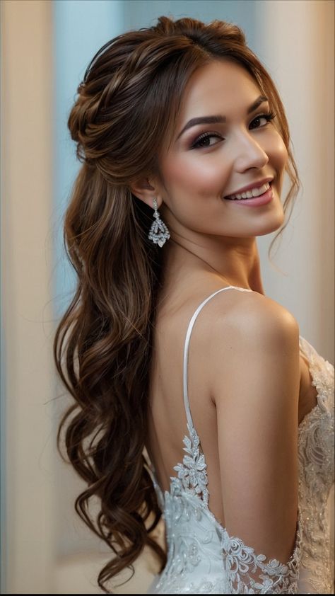 Discover elegant bridesmaid hairstyles for long hair perfect for weddings From simple half up half down styles to brunettes simple side looks loose curls updo curls and boho braids - find easy and beautiful options for your wedding day Bridal Hair Half Up Braid Front View, Bridemaids Hairstyles Boho, Bride Braided Hairstyles With Veil, Hair For Bridesmaids Down, Wedding Hair Down Asian, Bride Hairstyles For Long Hair Down, Bridal Hair Curly Down, Curly Half Up Half Down Wedding Hair, Long Hair Down Wedding Styles