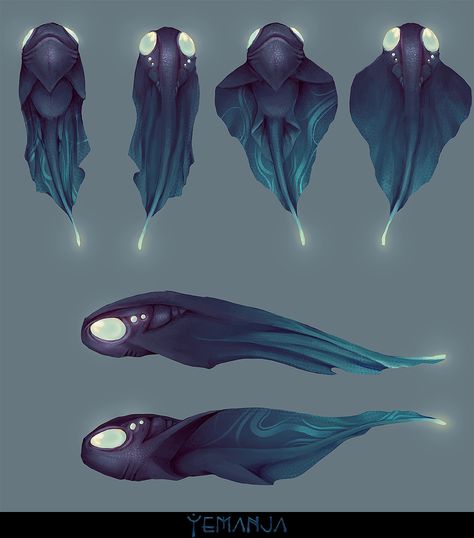 Alien Creatures Cute, Mind Flayer Tadpole, Fantasy Fish Concept Art, Scifi Creature Design, Bioluminescent Creature Concept Art, Fantasy Air Creatures, Sea Creatures Artwork, Alien Sea Creatures, Sky Leviathan