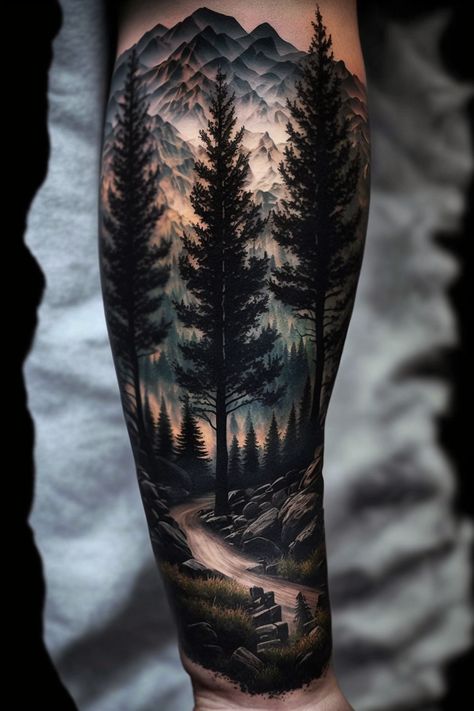 Order an individual tattoo sketch right now and get a 10% discount. Read more here 👉 https://t.me/tatto_lab Goth Symbols, Individual Tattoo, Forest Tattoo Sleeve, Arm Cover Up Tattoos, Natur Tattoo Arm, Tree Sleeve, Mountains Tattoo, Flowers Tattoos, Shoulder Sleeve Tattoos