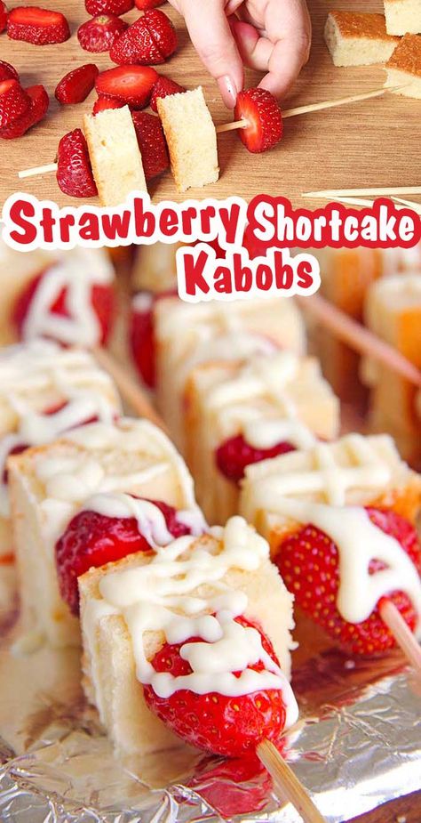 Strawberry Shortcake Kabobs - Sugar Apron Cake Cubes Ideas, Strawberry Shortcake Kabobs Skewers, Kabob Ideas Appetizers, Strawberry Shortcake Kabobs, Work Desserts, Strawberry Shortcake Birthday Party, Dessert Kabobs, Fruit Kabob, Snacks Easy