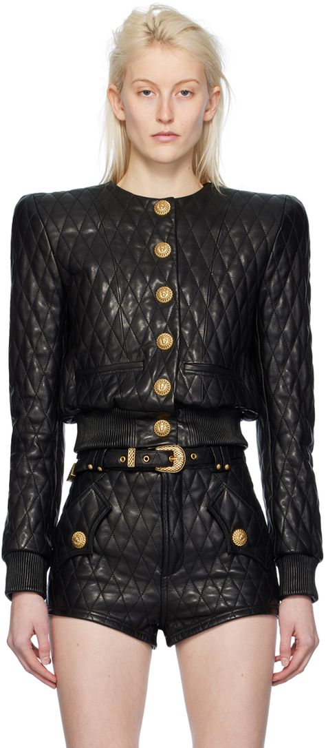 Quilted lambskin jacket. · Round neck · Press-stud closure · Welt pockets · Rib knit hem and cuffs · Padded shoulders · Full twill lining · Graphic-engraved gold-tone hardware Supplier color: Noir Balmain Leather Jacket, Quilted Leather Jacket, Balmain Jacket, Studded Leather Jacket, Lambskin Jacket, Tuscan Villa, Fashion Illustration Dresses, Puffy Jacket, Artistic Hair