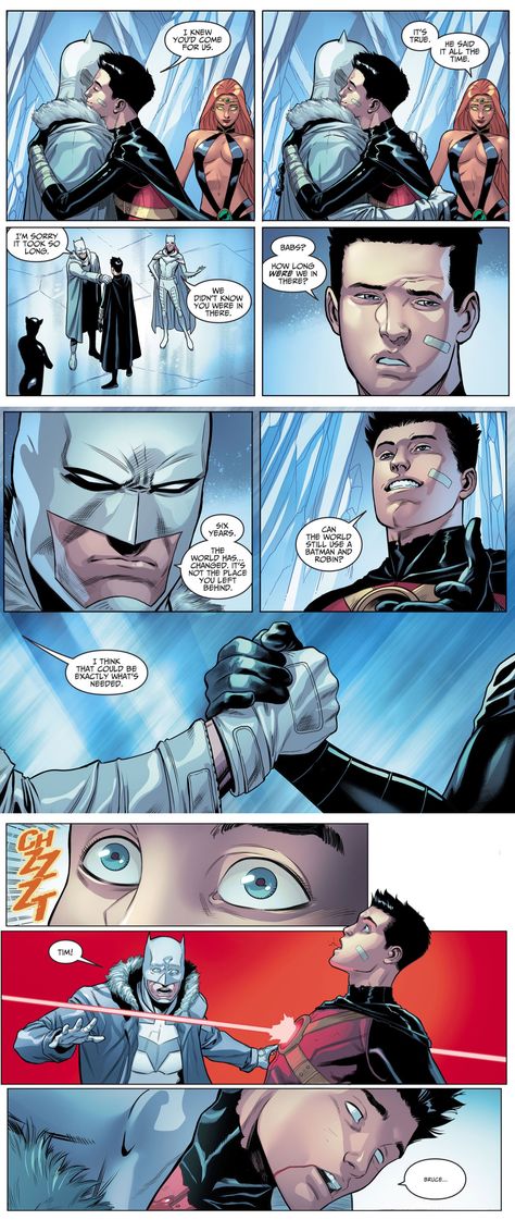 Injustice 2 (2017-) #37 – Bruce (Batman) and Tim (Red Robin) | I keep on forgetting this is #injustice and depressing things will always happen just when things are looking up         #batman #batmanandrobin #dccomics #redrobin #timdrake #brucewayne #injustice2 Bruce And Tim Drake, Injustice Batman Comic, Tim And Bruce, Injustice Fanart, Injustice Superman X Batman, Bruce And Tim, Tim Drake Fanart, Injustice Batman, Injustice Comic