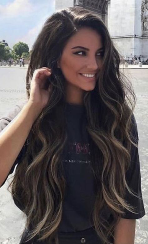 Bride Balayage Hair, Burnett Ombre, Jessica Vestal Hair, 22” Extensions, Dark Hair With Extensions, Long Hair Balayage Brunette, Pregnancy Hair Color, Long Dark Hairstyles, Dark Hair With Peekaboo Highlights