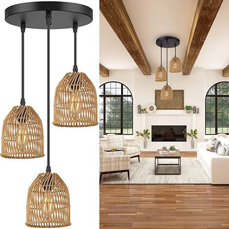 DANGGEOI Rattan 3-Light Pendant Light, Basket Hanging Light Fixture with Hand Woven Rattan Shade, Boho Pendant Lighting, Wicker Bamboo Ceiling Lamp for Kitchen Living Room Bedroom - - Amazon.com Modern Boho Living Room Lighting, Boho Kitchen Lighting Pendant, Wicker Chandelier Entryway, Rattan Lights Living Room, Basket Lighting Dining Room, Boho Living Room Lighting, Boho Chandelier Living Room, Rattan Chandelier Living Room, Wicker Chandelier Living Room