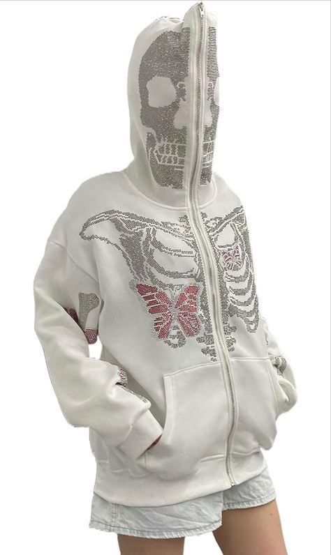 Oversized Sweatshirt Aesthetic, Butterfly Skeleton, Rhinestone Skeleton, Harajuku Jacket, Sweatshirts Vintage, Punk Jacket, Y2k Rhinestone, Streetwear Coat, Skeleton Hoodie