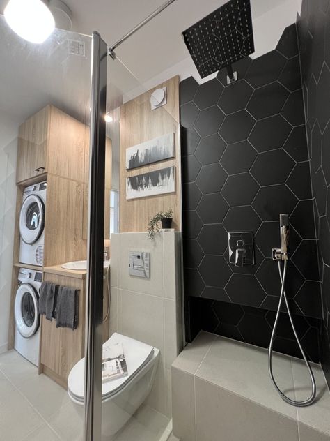 A 4.6 sqm bathroom with hexagon tiles and wood accents. Small Bathroom With Washer And Dryer, Bathroom With Washer And Dryer, Bathroom With Washer, Small Washer And Dryer, Small Narrow Bathroom, Small Full Bathroom, Minimal Bathroom, House Upgrades, Basement Reno