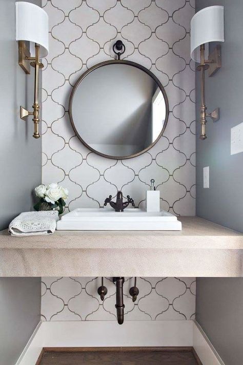 Half Bathroom Design Ideas, Powder Room Decor, Bathroom Decor Luxury, Powder Room Design, Mirror Ideas, Color Pallete, Wallpaper Accent Wall, Chic Bathrooms, Diy Bathroom Decor