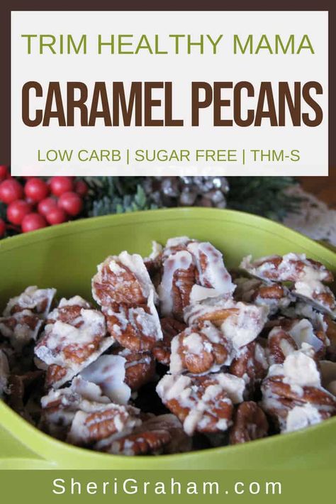 These Caramel Pecans are a yummy Trim Healthy Mama treat over the holidays or any time! Make up a batch of this sugar-free treat and enjoy! #thm #trimhealthymama #trimhealthymamarecipes #trimhealthymamasnacks Caramel Pecans, Trim Healthy Mama Plan, Live With Intention, Trim Healthy Momma, Sugar Free Treats, Trim Healthy Mama Recipes, Thm Desserts, Great Aunt, Low Carb Sweets