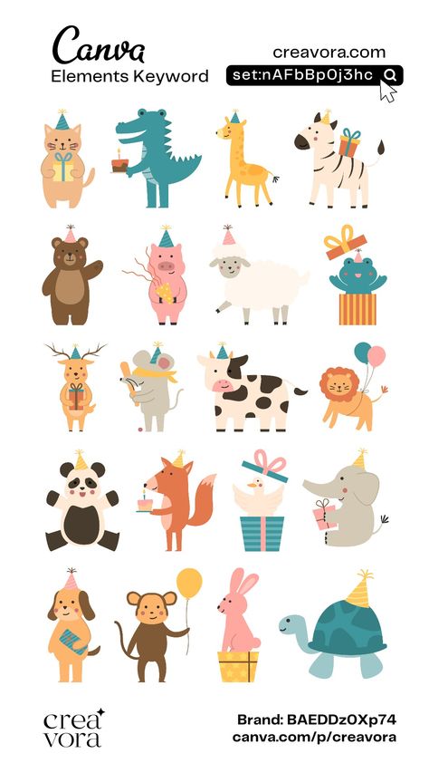 Canva Element Keyword For Hand Drawn Birthday Cute Animals Collection  On Canva 
Creator By Creavora || set:nAFbBp0j3hc Canva Illustration Keyword, Canva Cute Elements, Party Animal Illustration, Canva Animals Elements, Canva Graphics Keywords Aesthetic, Birthday Pubmat Canva, Canva Keywords Elements, Canva Free Elements, Canva Creator