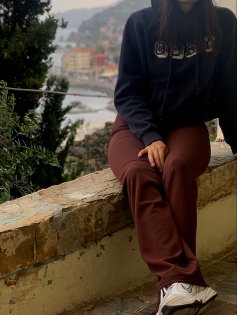 Nike Air Monarch Iv Outfit, Brown Flare Pants, Air Monarch Iv, Nike Air Monarch Iv, Obey Hoodie, Nike Air Monarch, Brown Flares, Sneakers Looks, Italy Aesthetic