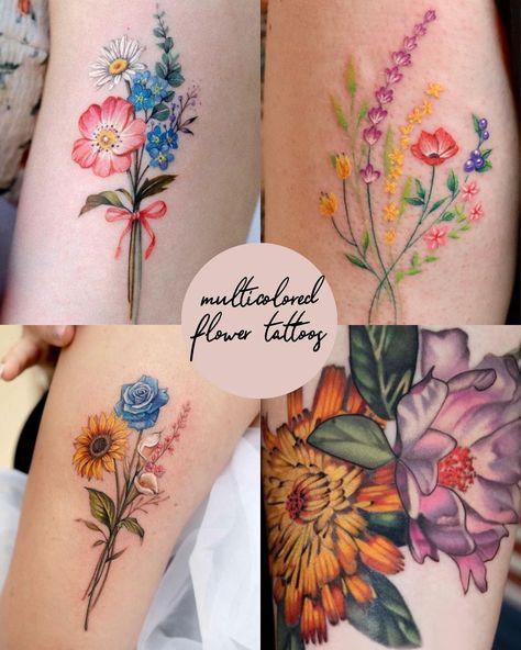 81 Colorful Flower Tattoos - Fresh For Spring Ideas - Tattoo Glee Watercolor Flower Tattoo Design, Small Flower Boquettes Tattoos, Birth Month Flower Tattoos Bouquet Watercolor, Aster Flower Tattoo Color, Fine Line Floral Tattoo Sleeve Color, Bouquet Tattoo Arm, Watercolor Wildflower Tattoo, Colorful Bouquet Tattoo, Spring Flower Tattoo