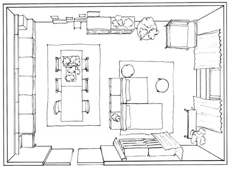 Here’s the floor plan of Therese’s living room. It is only 312 square feet but Therese still managed to maximise every inch. There’s space to relax, eat, work or just be. Dining Room Furniture Layout, Dining Room Layout, Living Room Floor Plans, Open Plan Living And Dining, Living Room Plan, Cosy Lounge, Contemporary Living Room Design, Dining And Living Room, Living Room And Dining Room