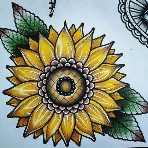 New School Sunflower Tattoo, Vintage Sunflower Tattoo, Old School Flower Tattoo Designs, Old School Sunflower Tattoo, Traditional Sunflower Tattoo, Old School Style Tattoo, Traditional Sunflower, Sunflower Mandala Tattoo, Mandala Arm Tattoo