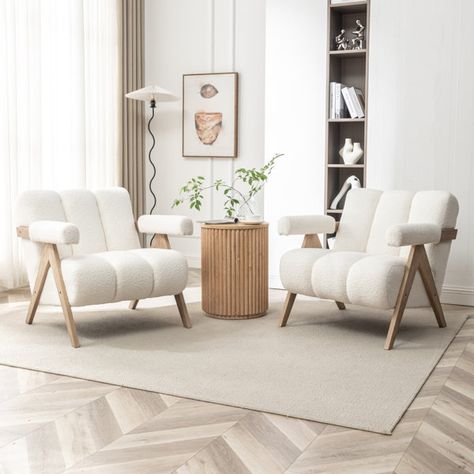 This 2-piece armchair set brings a cozy and luxurious feel to your living space. Upholstered in boucle texture, it offers a classic look and feel that's soft to the touch. This chair is built on a solid wood frame, and the sloping legs are designed for added stability, making the entire chair very stable. With the extra deep seat, you can comfortably lean back and relax on the chair. Invite welcoming comfort into your home with this lounge chair that complements any aesthetic. Cozy Lounge Chair, Loft Sitting Area, Seating Area In Living Room, Aesthetic Fabric, Cozy Armchair, Victorian Armchair, Franklin Homes, Furniture Business, Contemporary Armchair