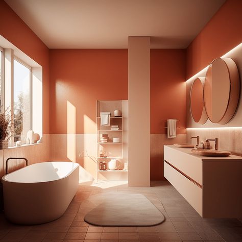 Terracota Bathroom Ideas, Scandinavian Interior Design Bathroom, Beige Marble Bathroom, Terracotta Bathroom, Terracotta Walls, Organic Modern Bathroom, Loft Bathroom, Orange Bathrooms, Beige Bathroom