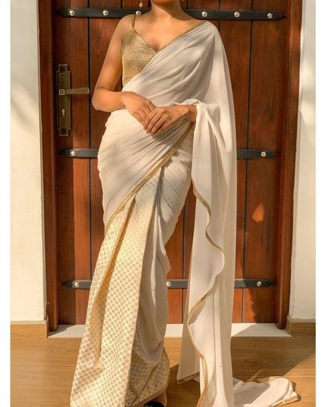 White Saree With Golden Blouse, Off White Saree Contrast Blouse, Farewell Sarees School Aesthetic, White Saree With Contrast Blouse, Golden Saree With Contrast Blouse, Farewell Sarees School, Saree With Golden Blouse, Sri Lankan Saree, White Chiffon Saree