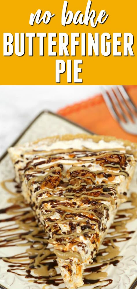 This Easy No Bake Butterfinger Pie is my favorite easy no bake dessert recipe.  It comes together in no time at all and is always a crowd pleaser! #itisakeeper #recipe #recipes #easyrecipe #quickrecipe #dessert #easydessert #nobakedessert #pie #butterfinger #candybar #chocolate #peanutbutter Easy Butterfinger Pie, No Bake Nutter Butter Pie, Unique Easy Desserts, Butterfinger No Bake Pie, Butterfinger Recipes, Reese’s Butterfinger Cheesecake Bars, Butterfinger Reese’s Fudge, Butterfinger Pie, 4 Ingredient Desserts