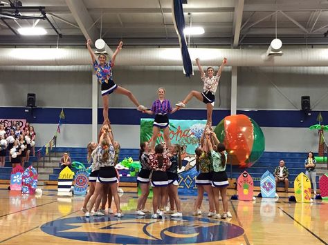 Hawaiian Themed  Pep Rally 8•26•16 Cheer Routine Disco Pep Rally Theme, Tropical Pep Rally, Hawaiian Cheer Theme, Beach Theme Pep Rally, Beach Pep Rally, Hawaiian Pep Rally, Pep Rally Themes, Stuco Ideas, Rally Ideas