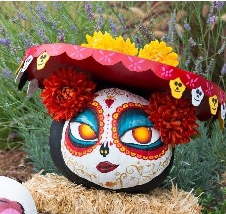 Candy Skull Pumpkin Painting, Skull Candy Pumpkin Painting, Coco Pumpkin Painting Ideas, Coco Pumpkin Decorating, Day Of The Dead Pumpkin Painting Ideas, Pumpkin Painting Ideas Dia De Muertos, Catrina Pumpkin Painting, Dia De Los Muertos Pumpkin Ideas, Day Of The Dead Pumpkin Painted