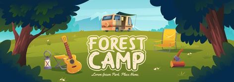 Forest camp poster with van chair and gu... | Free Vector #Freepik #freevector #banner #tree #travel #mountain Camp Poster, Adventure Logo Design, Forest Camp, Forest Silhouette, Adventure Logo, Relaxing Outdoors, Landscape Concept, Forest Illustration, Night Forest