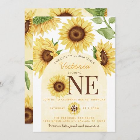 Sunflower Birthday Invitations, Sunflower Birthday Parties, Wild Sunflower, Sunflower Invitations, 1st Birthday Party Invitations, 1st Birthday Themes, Baby Girl Birthday, 1st Birthday Invitations, First Birthday Invitations