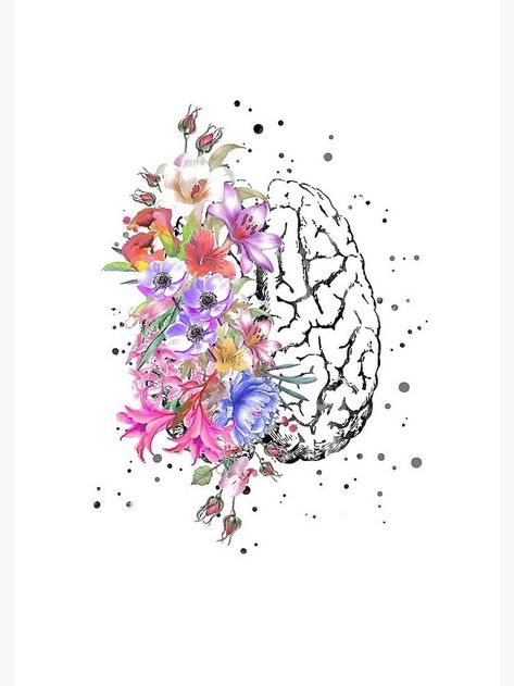 half-brain-half-flowers-colored-drawing-how-to-draw-a-rose-easy-white-background Brain With Flowers, Brain Flowers, Watercolor Brain, Brain Painting, Ako Kresliť, Cute Flower Drawing, Brain Drawing, Simple Flower Drawing, Anatomy Medical