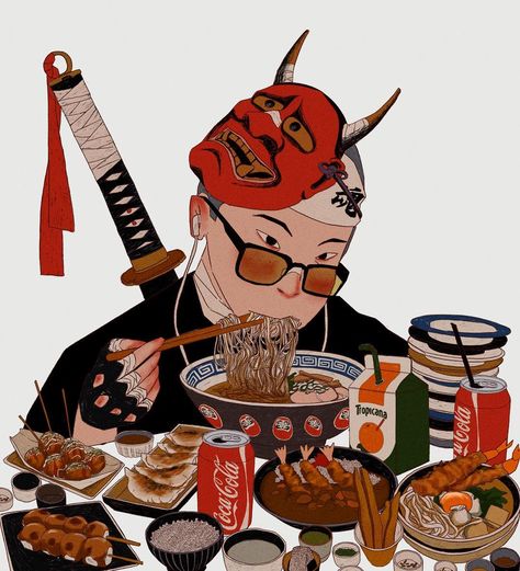 Mau Lencinas on Instagram: “Professional eater. Can you beat him?  More character developments are on the way, thanks for follow the process and for the support! 👹✌🏻” Japanese Fashion Illustration, Samurai Art, Style Japanese, Japan Art, Urban Style, Character Development, Japanese Fashion, Japanese Food, Character Drawing