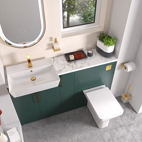 Green Bathroom Units, Green Vanity Unit, Bathroom Fitted Furniture, Green And Silver Bathroom, Navy Blue Furniture, City Bathrooms, Bathrooms Design, Green Bathroom Furniture, Fitted Bathroom Furniture