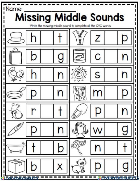 Letters And Sounds Worksheets, Kindergarten Vowels Worksheets, Writing Words Kindergarten, Cvc Missing Vowel Worksheet, Worksheet For Phonic Sounds, Middle Vowel Sounds Worksheets, Missing Middle Sound Worksheets, Middle Sounds Kindergarten Free, Middle Sound Worksheets For Kindergarten