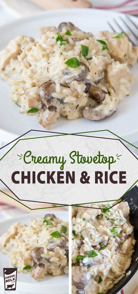 Stovetop Chicken And Rice, Chicken Mushroom Rice, Stovetop Chicken, Creamy Chicken And Rice, Easy Chicken And Rice, Chicken And Mushroom, Rice Chicken, Creamy Rice, Rice Dinner