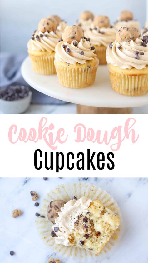 Cupcake Recipes Cookie Dough, Food Network Cupcake Recipes, Cookie Flavored Cupcakes, Vanilla Cupcakes With Cookie Dough Frosting, Cake And Cupcake Recipes, Vanilla Cupcakes With Cookie Dough Icing, Fun Vanilla Cupcakes, Birthday Cupcake Flavors, Chocolate Cookie Dough Cupcakes